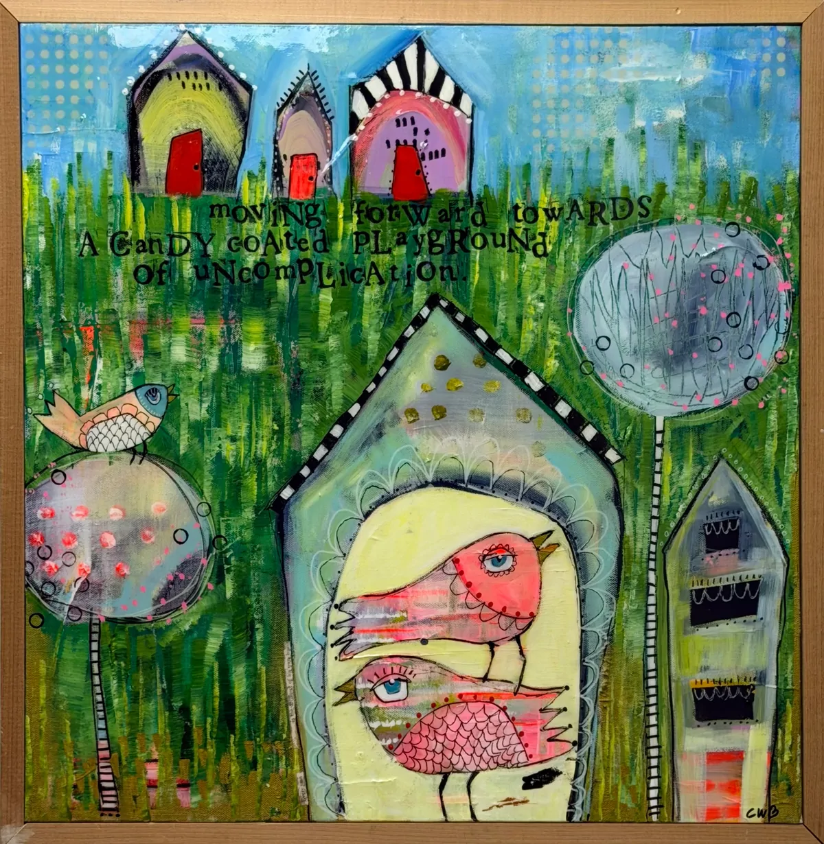 A folk-art painting of houses and birds on the practice wall